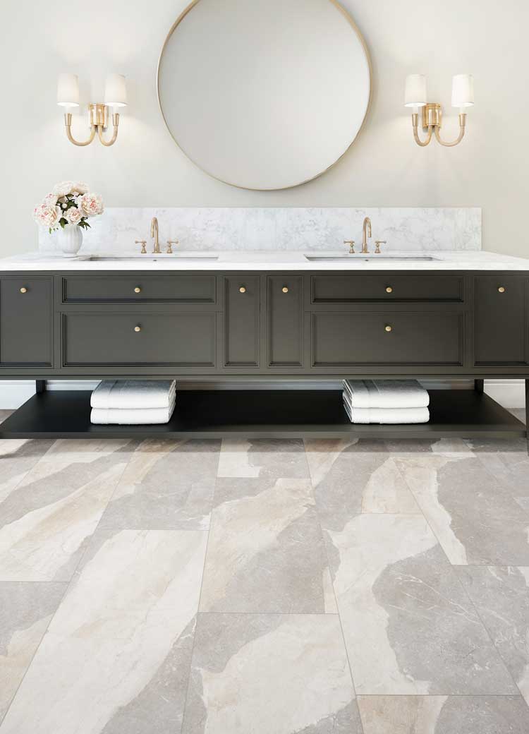 counter in bathroom, black counters, flowers on counter